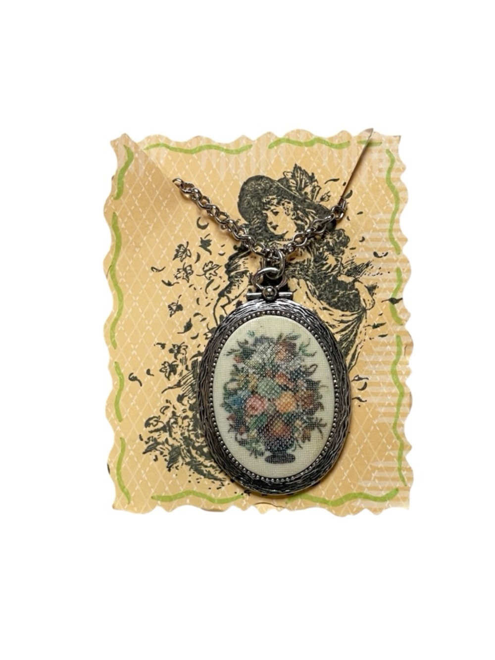 Vintage signed Sarah Coventry Floral Cross-Stitch Oval Pendant Necklace